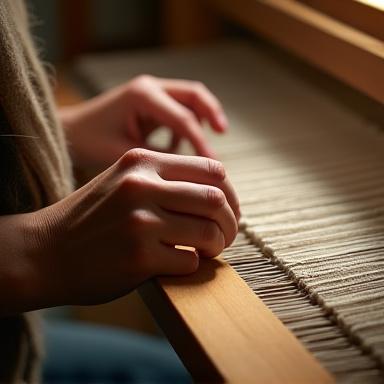 Die Hände einer Weberin führen ein Webschiffchen geschickt durch die Kettfäden am Webstuhl.